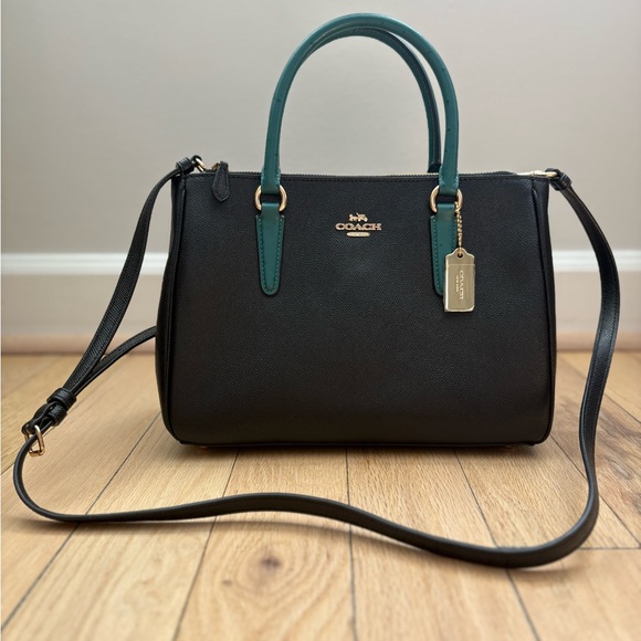 Coach Handbags - Coach Surrey Carryall Black Satchel w/ Ostrich Embossed Teal Leather Handles